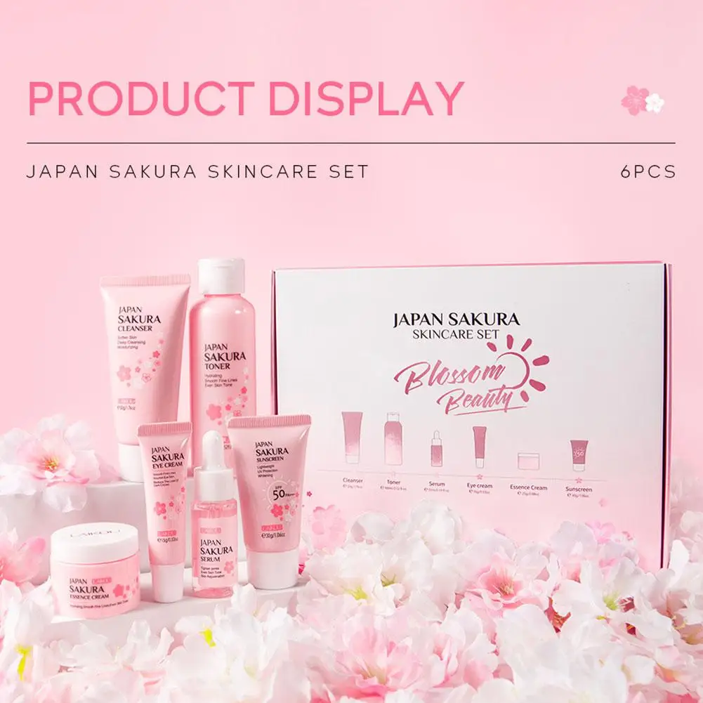 6pcs/Set Sakura Skin Care Sets Face Cream Serum Toner Facial Cleanser Sunscreen Eye Cream Face Skin Care Set Product Gift box - Image 3