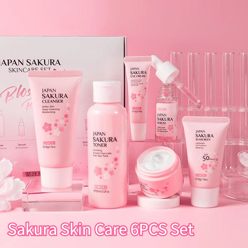 6pcs/Set Sakura Skin Care Sets Face Cream Serum Toner Facial Cleanser Sunscreen Eye Cream Face Skin Care Set Product Gift box - Image 4