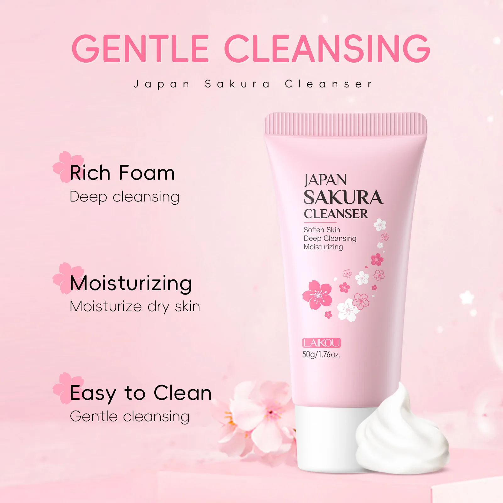 LAIKOU Sakura Cleanser Gentle Deep Cleaning Oil Control Moisturizing Shrink Pores Face Skin Care 50g Skin Cleanser All Skin Type - Image 2